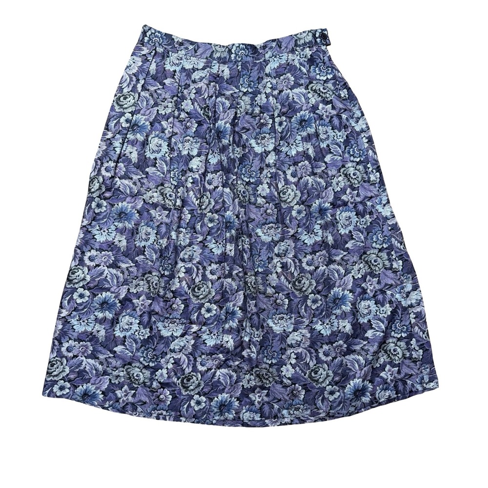 Vintage Koret Blue Purple Floral Pleated Midi Skirt 16W Rayon